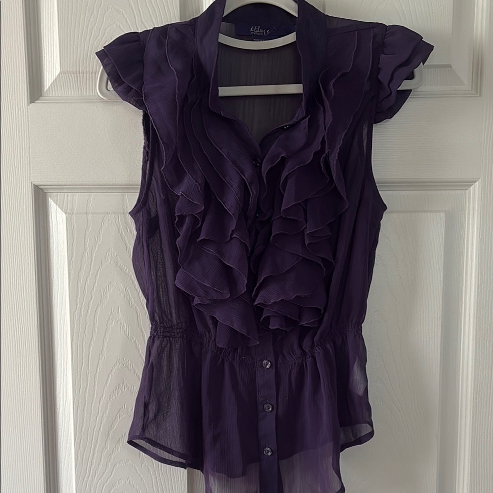 Miley Cyrus & Max Azria Purple Flutter Sleeve Ruffled‎ Blouse